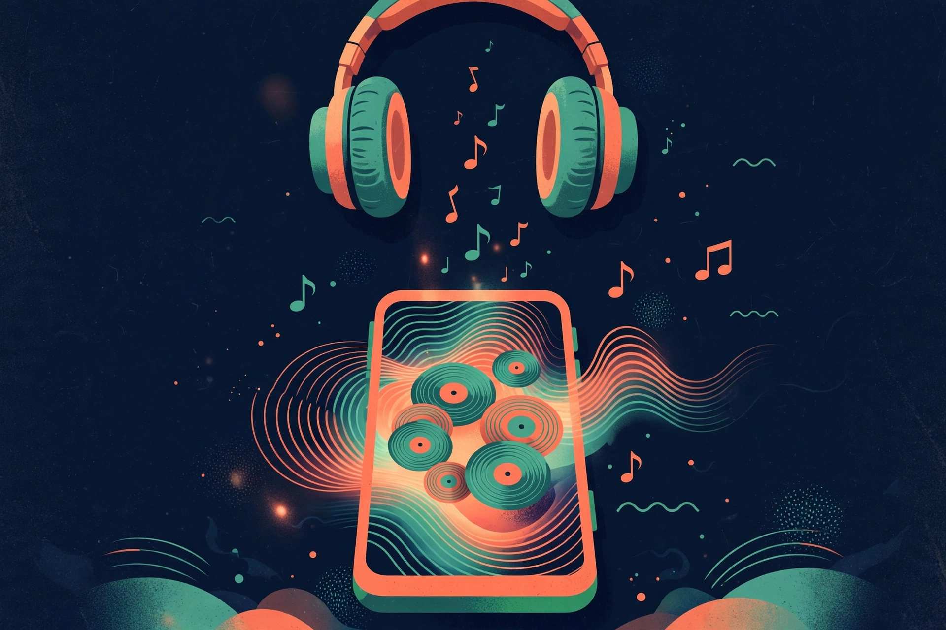 耳机、手机与音符的音乐主题插画